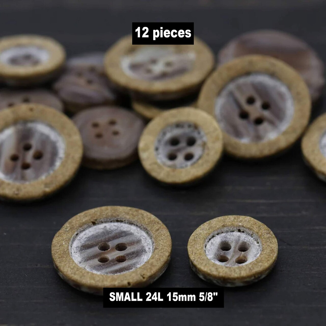 12 Pieces Small Faux Wood Plastic Buttons 24L 15mm / 5/8" Sanded Four Hole Multipurpose Buttons